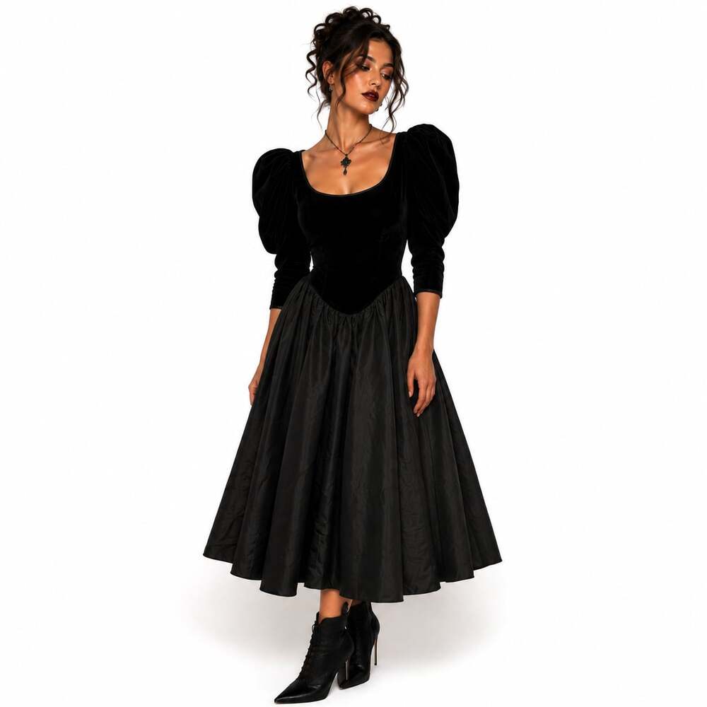 Vtg Gunne Sax Black Velvet Puff Sleeve Tea Length Dress Witchy Romantic Goth M